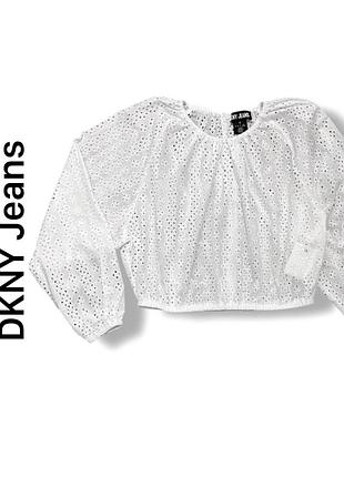 Блуза кроп топ dkny jeans из прошвы белого цвета с широкими рукавами в бохо стиле