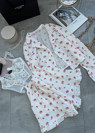 Піжама муслінова комплект жіночий костюм домашній муслін бавовна 42-46 білий принт квіти