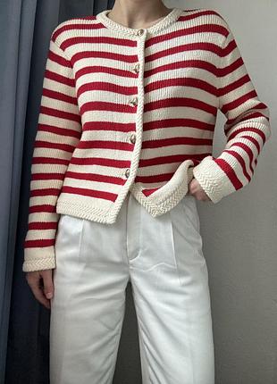Бавовняний білий кардиган у червону полоску з золотими гудзиками massimo dutti