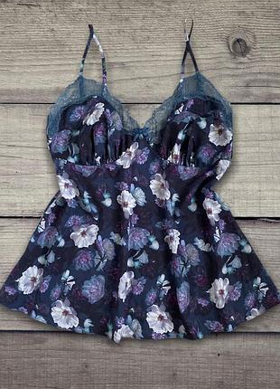 Майка маєчка для сну нічна домашня атласна мереживна у квіти