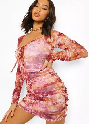 Сукня сітка з довгими рукавами, з драпіруванням на завʼязках р 40