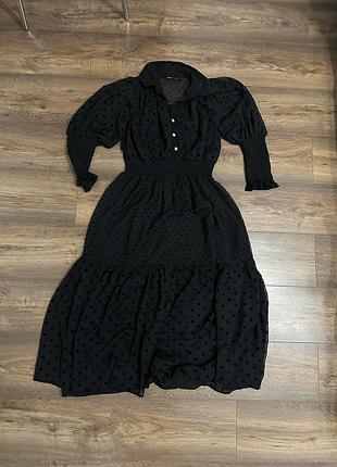 Плаття zara ,оригінал,міді ,чорне шифон у горошок,розмір с -м
