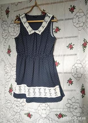 Супер платье синее в белые горохи р.16,100%коттон"drothy perkins".