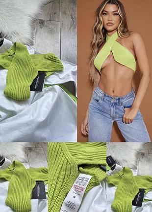 Вʼязаний салатовий топ з перехрестям / топ з декольте м 38 plt