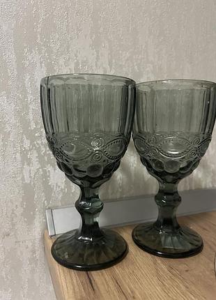 Набір 2шт великі келихи для вина морська хвиля масивний скляний під вінтаж 300мл