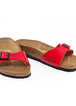 Birkenstock madrid birko flor красные лаковые ортопедические кожаные шлепанцы сандалии вьетнамки сабо 38.5 37.5 оригинал 24.5см