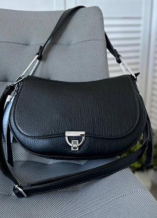 Жіноча сумка сумочка шкіряна з еко шкіри середня чорна багет з коротким та довгим ремінцями