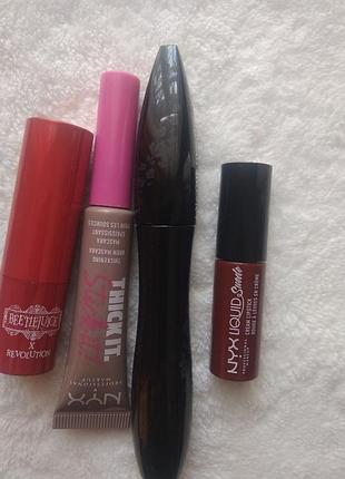 Лот косметики туш для брів nyx, туш для вік lancome( залишок), помада бордова nyx, червона помада makeup revolution
