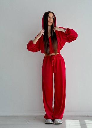 Велюровый красный бархатный костюм с капюшоном высокая посадка
