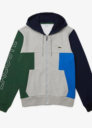 Чоловіча толстовка lacoste з капюшоном, кольорові блоки, сірого кольору, стандартного крою, розмір m