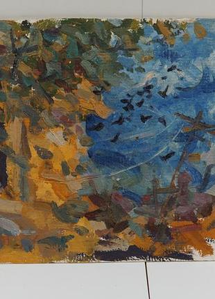 Картина пейзаж. осінь, птахи, жінка біля вікна. олія, картон 27,2 х50, 3 см №152