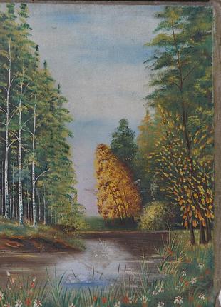 Картина пейзаж дерева и цветы. лес. масло, полотно 84,5 х 59,5 см no256