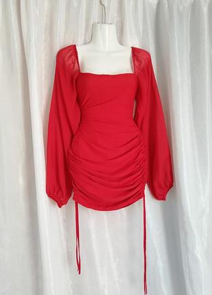 Красивое эффектное стрейчевое платье с пышными прозрачными объемными шифоновыми рукавами длина регулирует