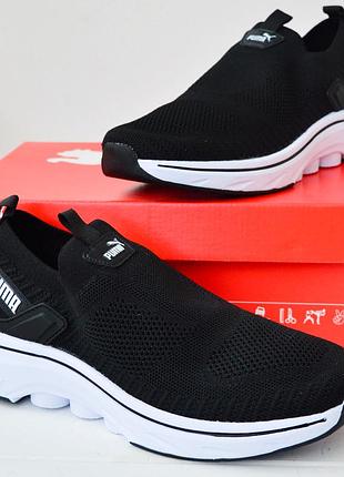 Puma мокасины тапки кроссовки летние весенние черные с белым текстильные сетка легкие