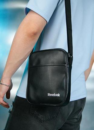 Барсетка кожаная чёрная reebok, белый логотип, вариант 2 (1446100899).