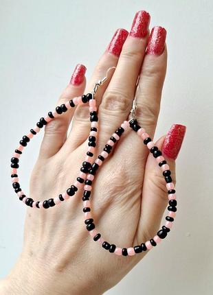 Серьги капли чёрно розов бижутер серёжки кульчики бисер hand made boho etno ручн работа сереб