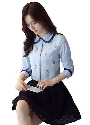 Женская элегантная блуза с вышивкой цветов небесного цвета с длинным рукавом onyou