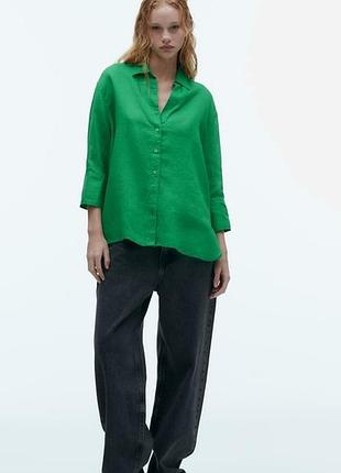 Лляна льон лен оверсайз сорочка рубашка блузка темно-зеленого кольору 100%льон zara, l