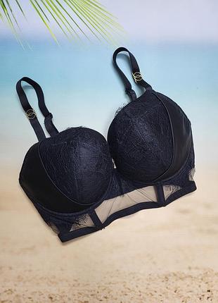 Чорний бюстгальтер балконет атласний з мереживом полукорсет сіточка ann summers 70h 32ff
