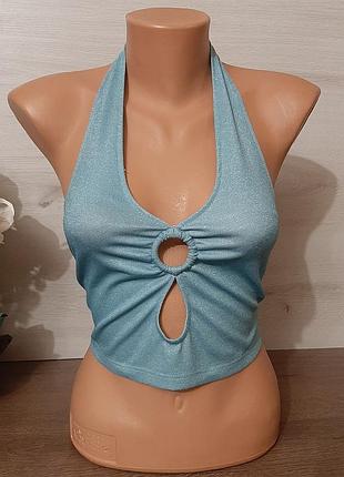Трендовый корсетный топ корсет на шею люрекс голубой майка топик кольцо секси трендовый