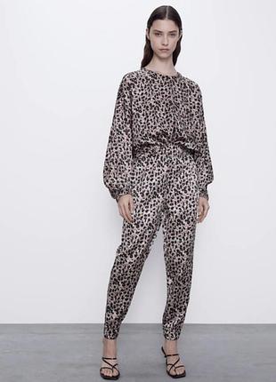 Супер трендовий леопардовий костюм zara в стилі спорт шик брючний костюм із обʼємною блузою