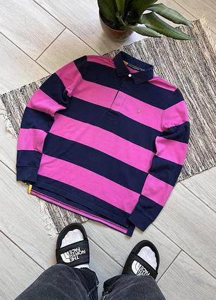 Вінтажна синьо-рожева регбійка polo ralph lauren у смужку поло з довгим рукавом лонгслів y2k