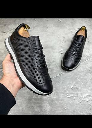 Мужские летние кроссовки натуральная кожа с перфорацией черные 159