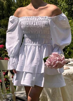 Жіноча літня лляна коротка сукня міні із пишною спідницею літо весна біла