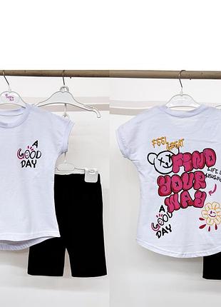 Костюм детский летний с шортами для девочки, футболка с принтом, шорты трессы-велосипедки черные