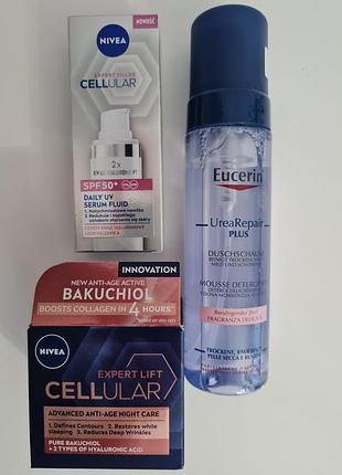 Набір сонцезахисний флюїд та нічний антивіковий крем nivea cellular expert filler spf 50+