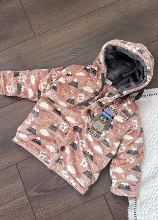 Велюрова куртка легка на літо з ведмедиком кофта з капюшоном для дівчинки 12-18 міс