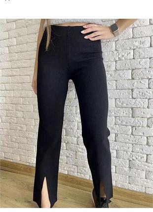Трикотажные брюки женские штаны zara черные широкие свободные на резинке прямые штани базовые классические   черные с разрезами спортивные