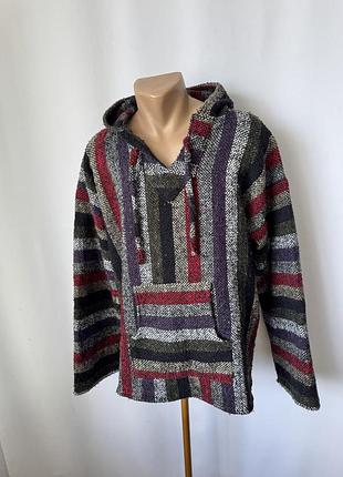 Кофта худи мексика непал анорак в полоску этно бохо хиппи черная красная традиционная с капюшоном