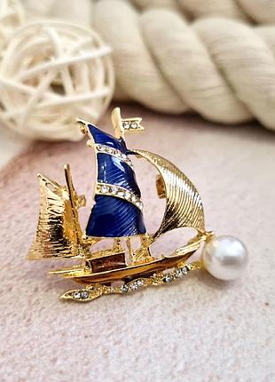 🔺✨⛵ яркая брошь "корабль" синяя эмаль, кристаллы