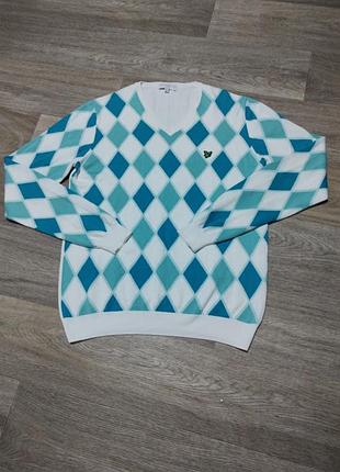 Мужской лёгкий свитер lyle & scott размер l белый/ бирюзовый
