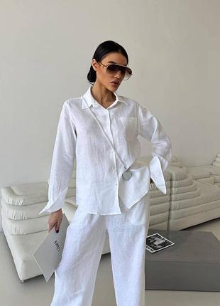 Білий льляний костюм брюки та сорочка на гудзиках