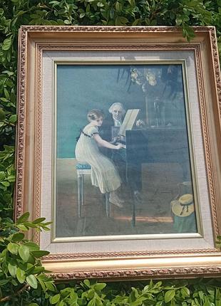 Картина литография первый урок на фортепиано.раика  резная из натурального дерева, состояние топ