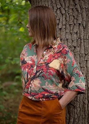 Вискозная блузка блуза в стиле бохо ✨one hundred stars ✨ ручная работа топ абстрактный принт с воротником