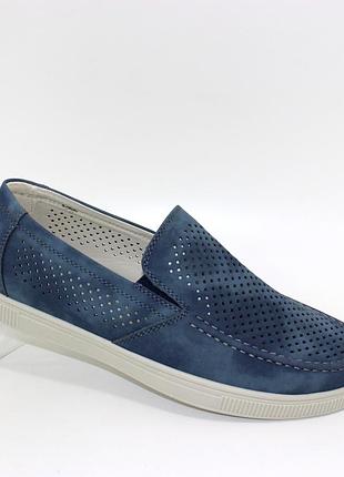 Летние мужские синие туфли лоферы кожа перфорация,нубук, логоловая обувь на лето с перфорацией