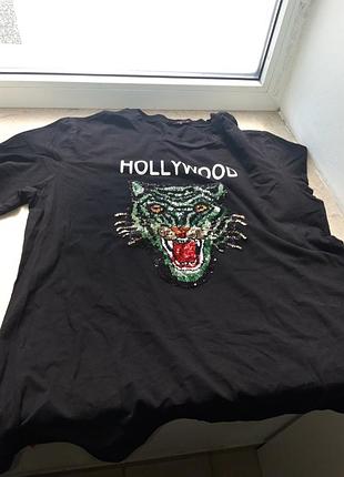 Чёрная футболка со стразами тигр трикотаж l xl