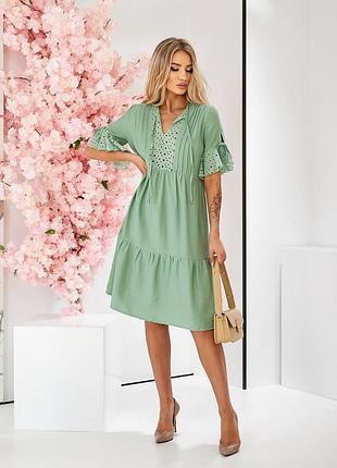 Летнее льняное элегантное повседневное платье с прошвой