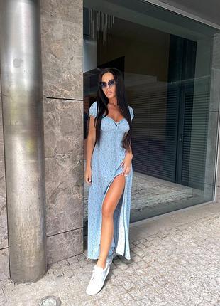 🌈4! шикарна жіноча сукня міді в квіти блакитна голуба мили женское платье квіткова принт з розрізом