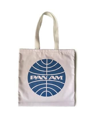 Сумка шоппер pan am. в вінтажному стилі. білий з синім. принт з обох боків.