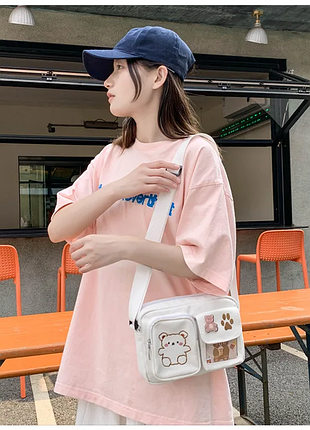 Сумки із вишитим ведмежатком тедді та значком, прозора кишенька для постерів, біла