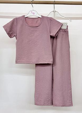 Костюм детский подростковый летний для девочки, футболка штаны - палаццо, пудра