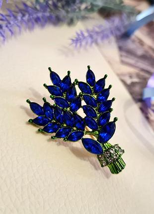 🔺✨🪻яркая брошь "колоски" зеленая эмаль, синие кристаллы