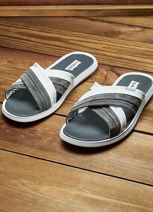 Мужские шлепанцы серые белые из натуральной кожи, кожаные шлепки lev 813