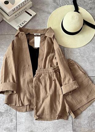 Костюм 2-х рубашка и шорты из муслина легкий и летний женский бежевый повседневный