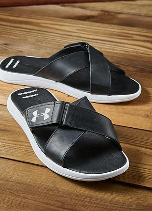 Мужские шлепанцы under черные из натуральной кожи, кожаные шлепки 57