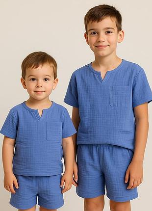 Літній дитячий та підлітковий комплект для хлопця із мусліну 5 кольорів